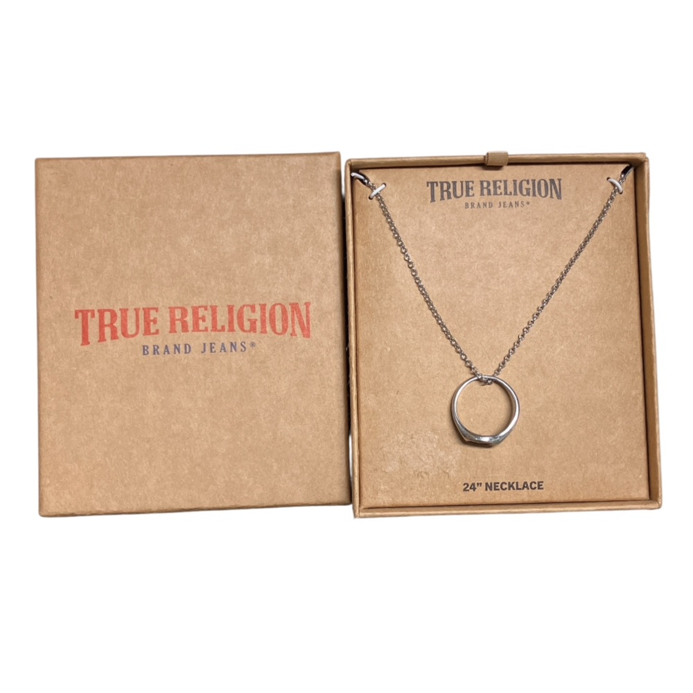 New TRUE RELIGION‎ Men’s Silver Tone Metal Black Enamel Logo Ring Necklace 24”